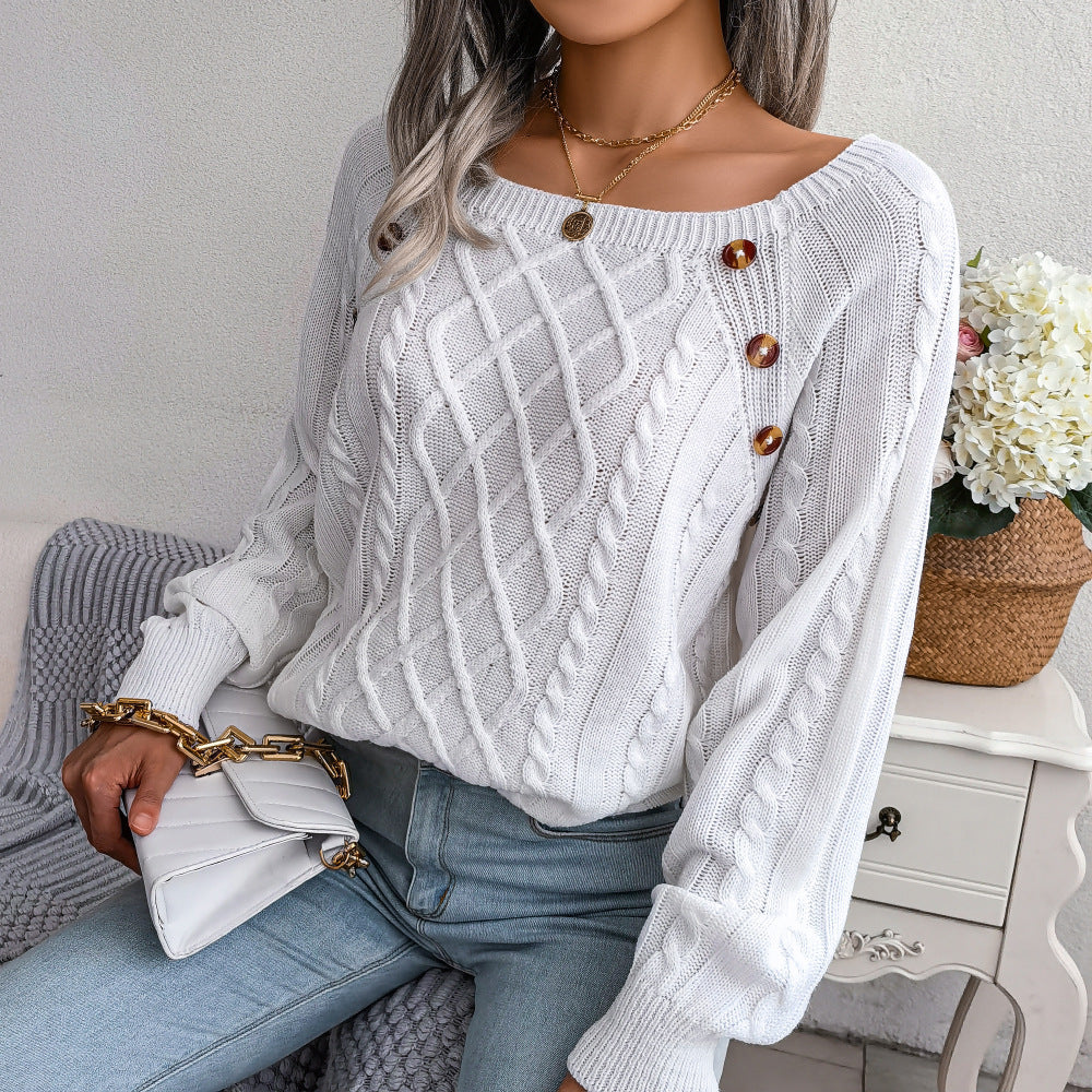 Square Neck Button Fried Dough Twists Knitting Pullover Sweater