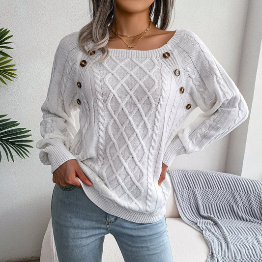 Square Neck Button Fried Dough Twists Knitting Pullover Sweater